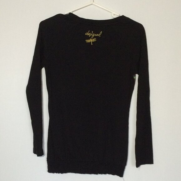 Desigual Womens Top Medium Black Multicolor Floral Print Glitter Long Sleeve - Picture 2 of 7